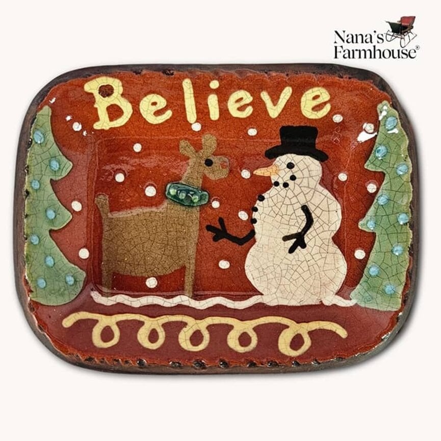 Smith Redware Believe Snowman & Reindeer Rectangle Tray - 3" x 5"