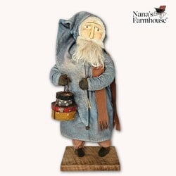 Primitive Santa Doll Faded Blue Robe & Cap W/Brown Scarf Holding Hat Boxes "19" x 7"