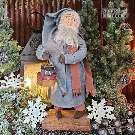 Primitive Santa Doll Faded Blue Robe with Hat Boxes