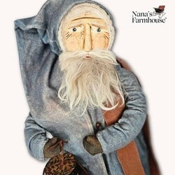 Primitive Santa Doll Faded Blue Robe & Cap W/Brown Scarf Holding Hat Boxes "19" x 7"