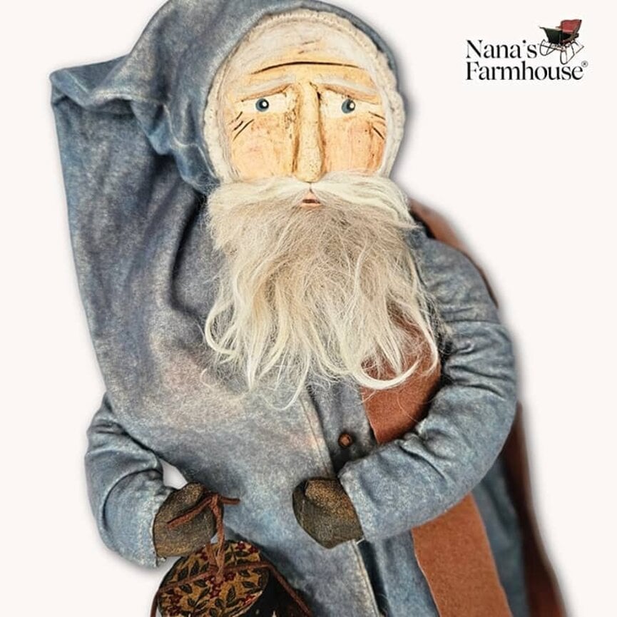 Primitive Santa Doll Faded Blue Robe & Cap W/Brown Scarf Holding Hat Boxes "19" x 7"