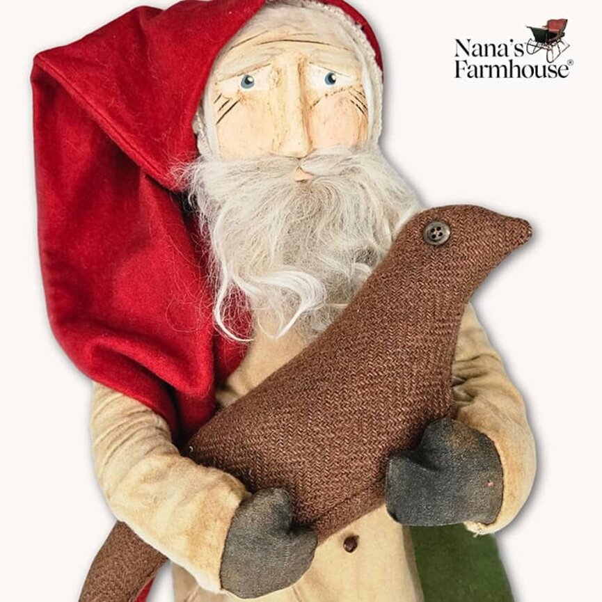 Primitive Santa Cream Robe Red Cap Green Scarf Holding Bird - 19" x 7"