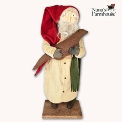 Primitive Santa Cream Robe Red Cap Green Scarf Holding Bird - 19" x 7"