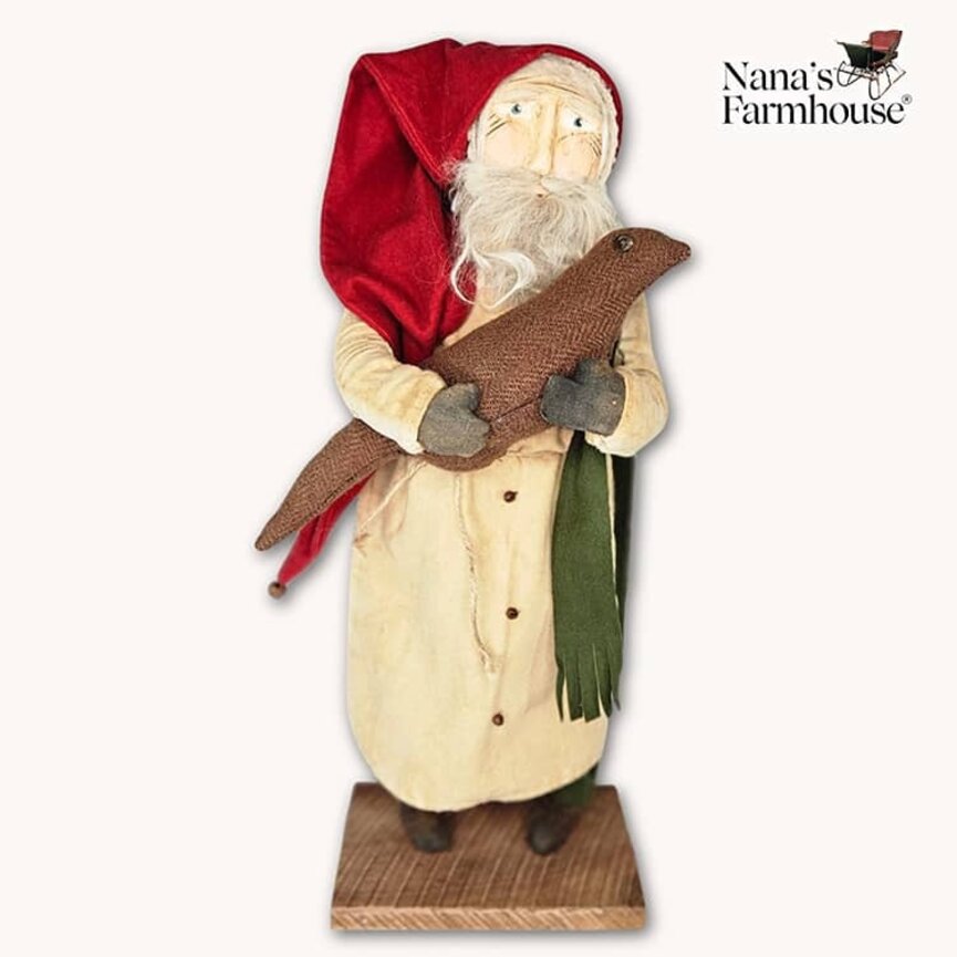 Primitive Santa Cream Robe Red Cap Green Scarf Holding Bird - 19" x 7"