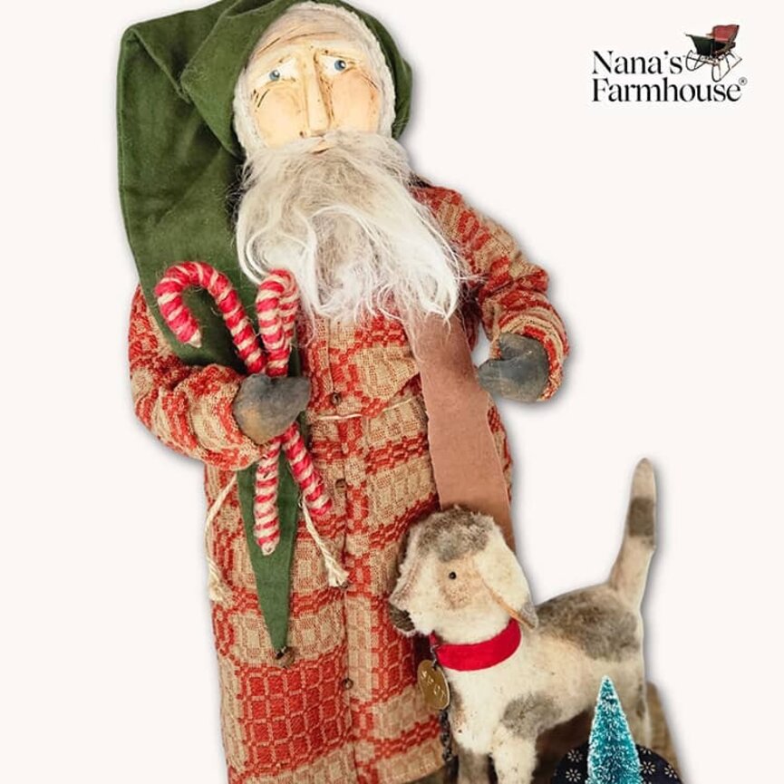 Primitive Santa Doll Coverlet Robe with Spotted Dog - 19" x 11"