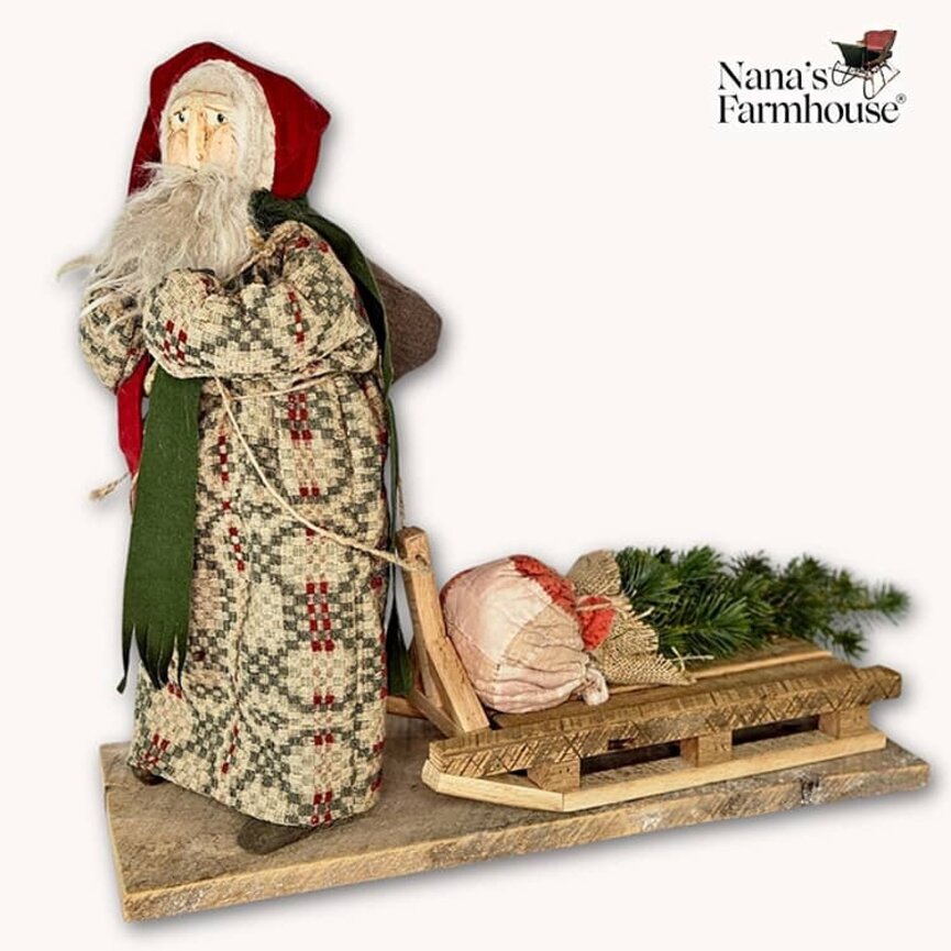 Primitive Santa Coverlet Robe Christmas Tree on Sled - 19"