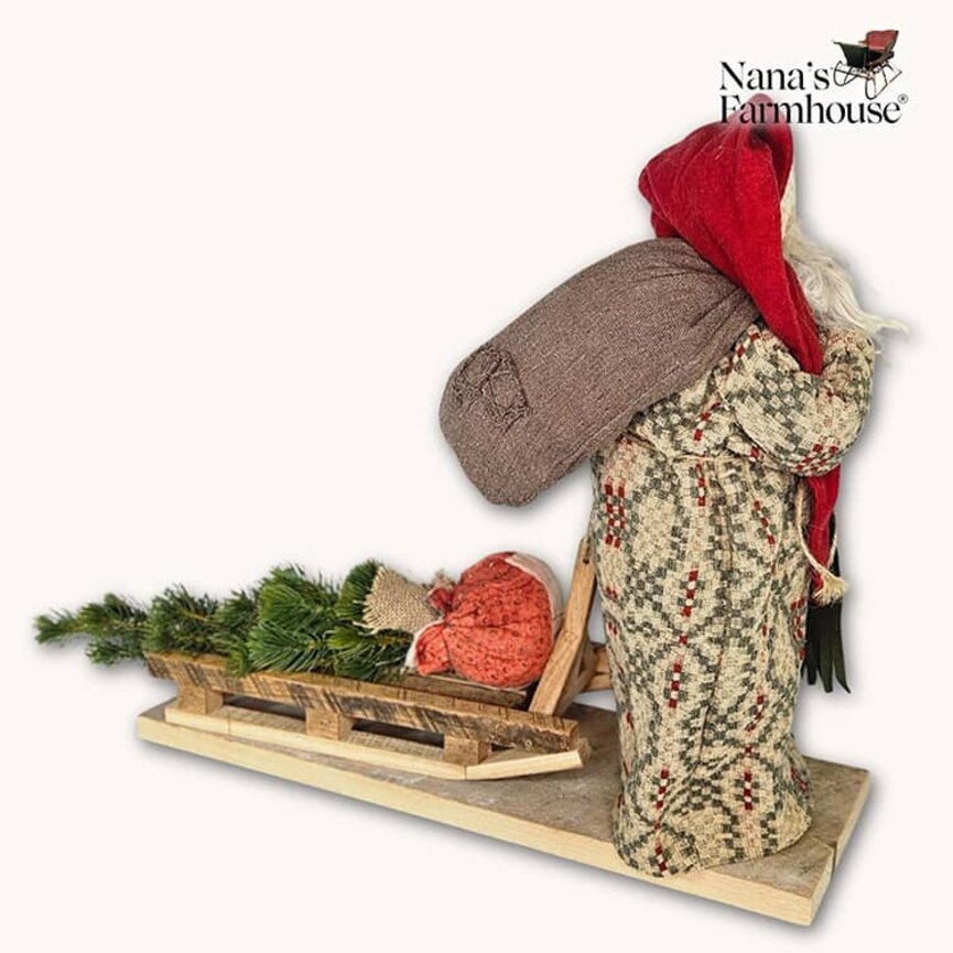 Primitive Santa Coverlet Robe Christmas Tree on Sled - 19"