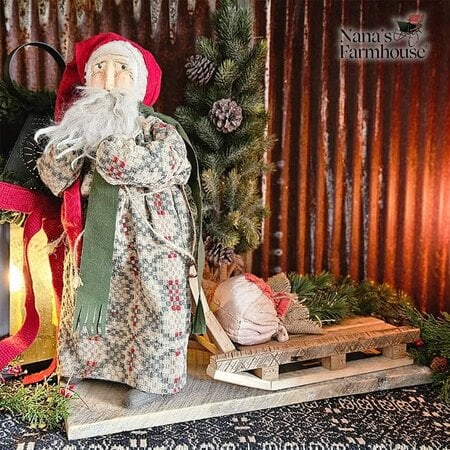 Handmade Santa Coverlet Robe Pulling Sled with Christmas Tree on Sled