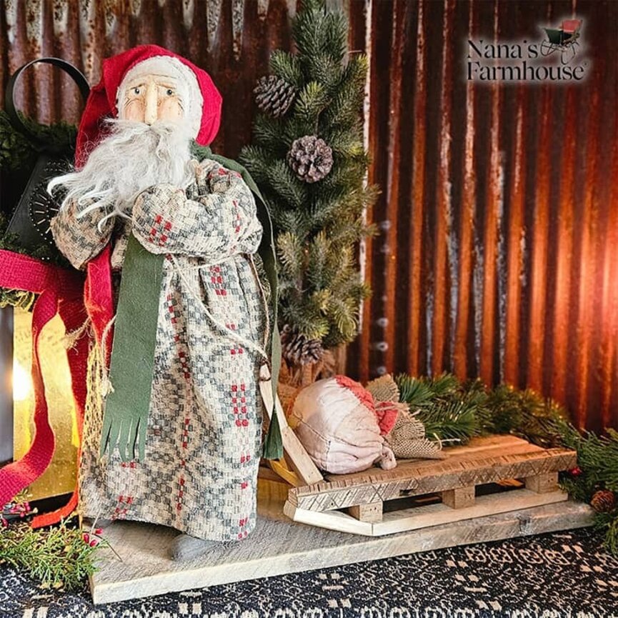 Primitive Santa Coverlet Robe Christmas Tree on Sled - 19"