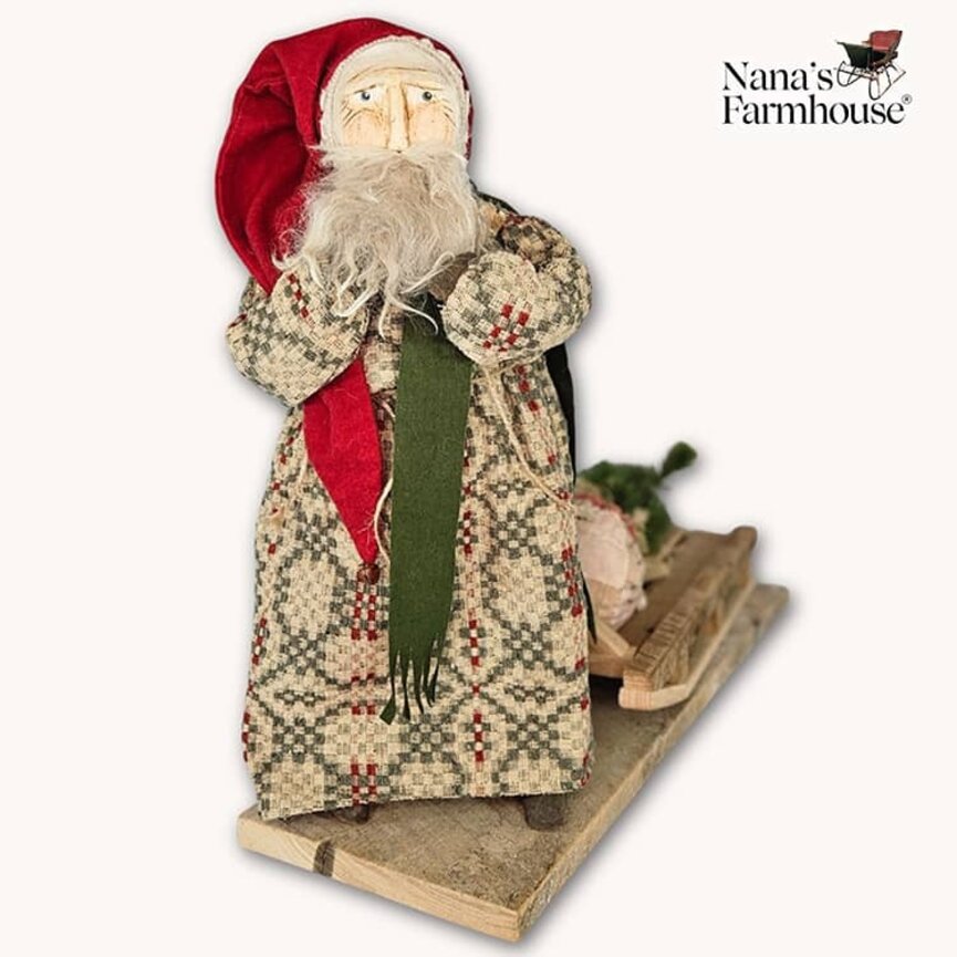 Primitive Santa Coverlet Robe Christmas Tree on Sled - 19"