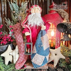 Primitive Santa Red Union Suit with Lantern & Sleeping Blanket - 19"