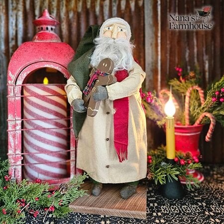 Primitive Santa Doll in Robe Holding Gingerbread Man