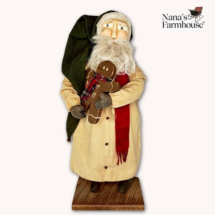 Primitive Santa Cream Robe Holding Gingerbread Man - 19"