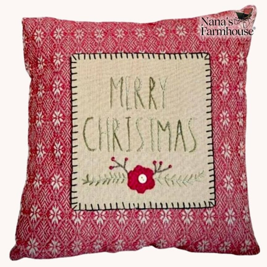 Red Coverlet Merry Christmas Wool Applique Pillow - 11"