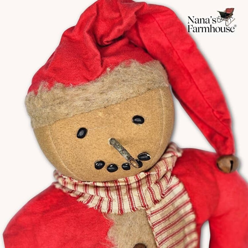 Snowman Doll in Red Robe Red Ticking Scarf Weighted Base - 15"