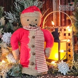Snowman Doll in Red Robe Red Ticking Scarf Weighted Base - 15"