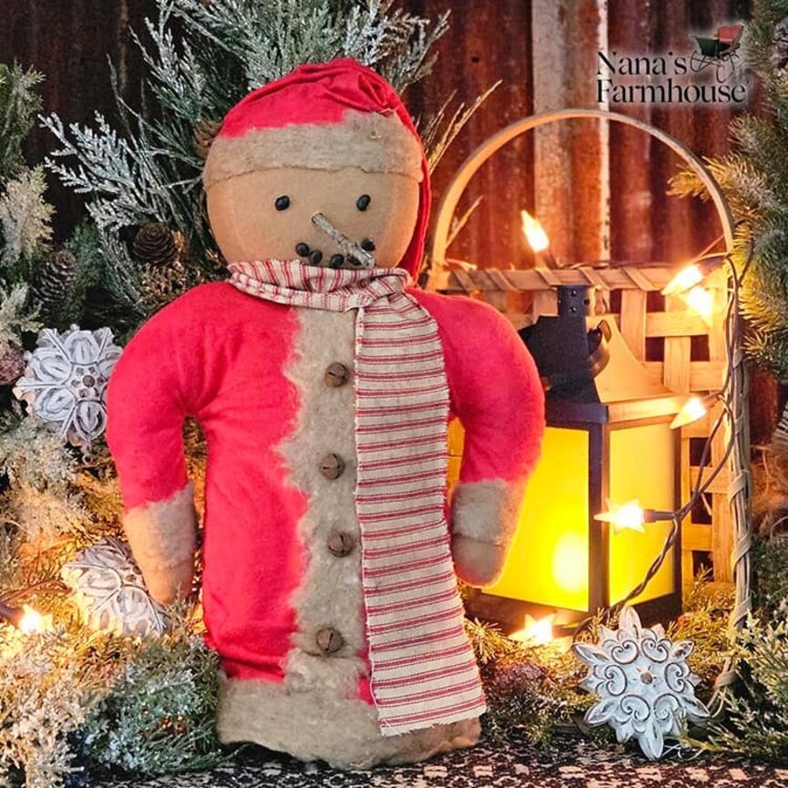 Snowman Doll in Red Robe Red Ticking Scarf Weighted Base - 15"