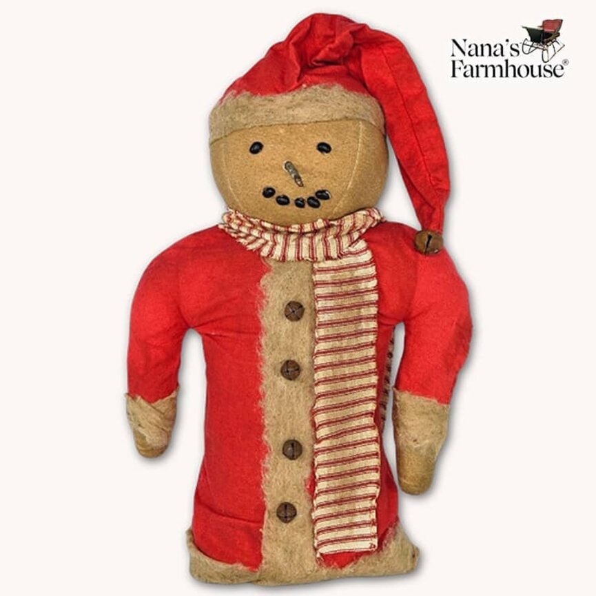 Snowman Doll in Red Robe Red Ticking Scarf Weighted Base - 15"