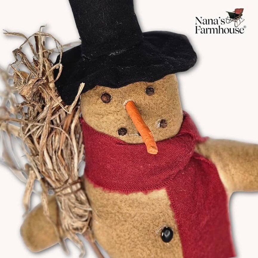 Snowman Doll with Broom Red Scarf Weighted Base - 10.5"