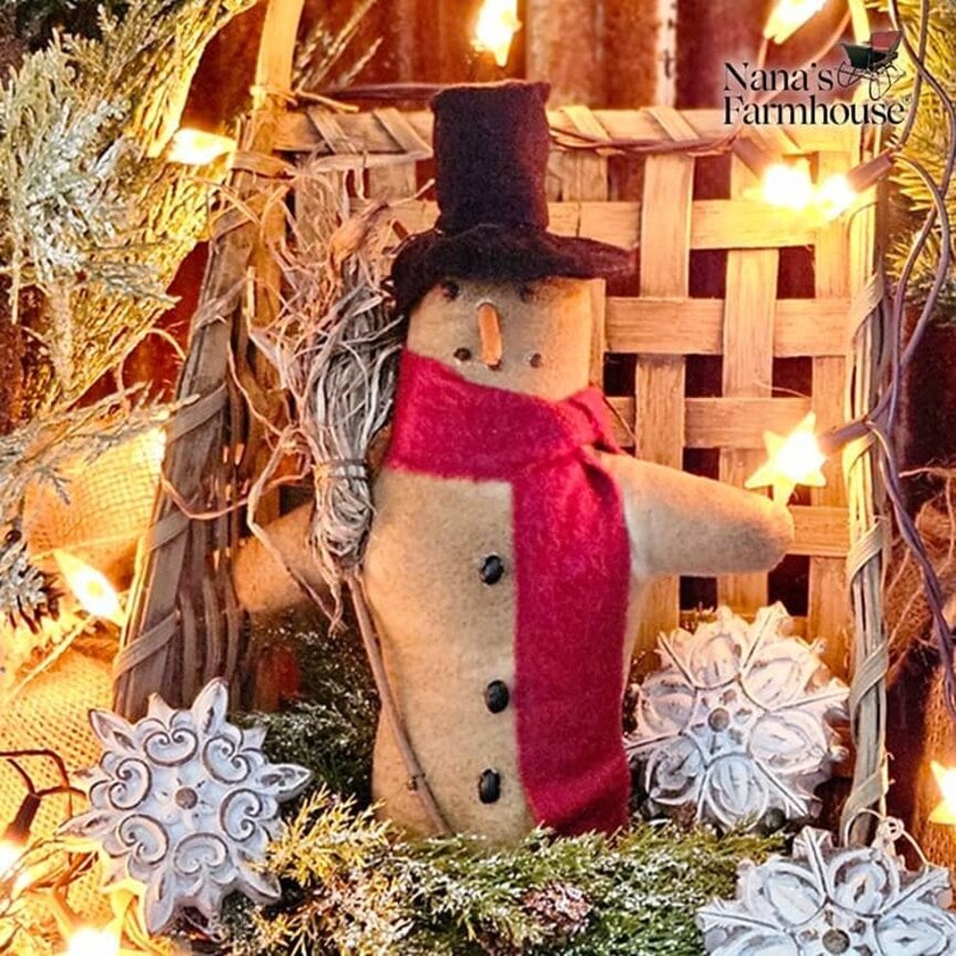 Snowman Doll with Broom Red Scarf Weighted Base - 10.5"