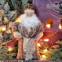 Santa Doll with Bag of Sticks in Brown Plaid Robe Weighted Base - 13"