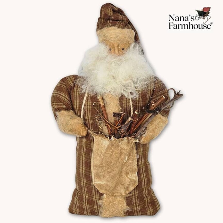 Santa Doll with Bag of Sticks in Brown Plaid Robe Weighted Base - 13"