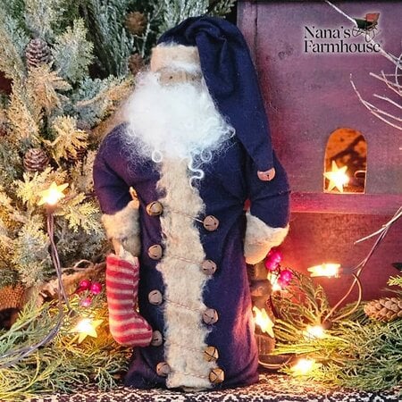 Santa Doll in Dark Blue Robe Holding Stocking