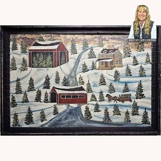 Winter Covered Bridge with Horse Sleigh Barn & Saltbox Original Artwork