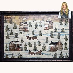 Kathy Graybill Hand Painted Snowy Four Cabins with Horse and Sleigh Original Artwork  - 27" x 39"