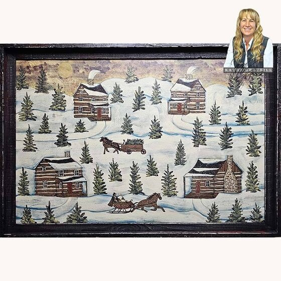 Snowy Four Cabins with Horse and Sleigh Original Artwork - 27" x 39"