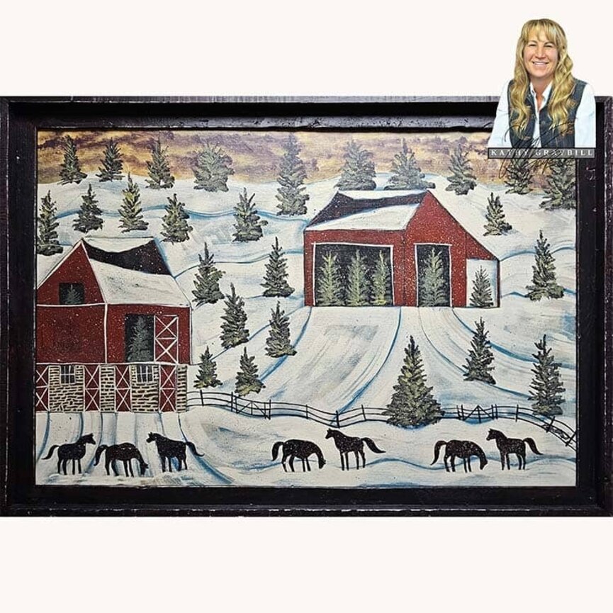 Kathy Graybill Hand Painted Two Red Snowy Barns with Seven Horses Original Artwork - 27" x 39"