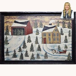 Kathy Graybill Winter Hand Painted Salt Box & Red Barn with Trees Original Artwork - 27" x 39"