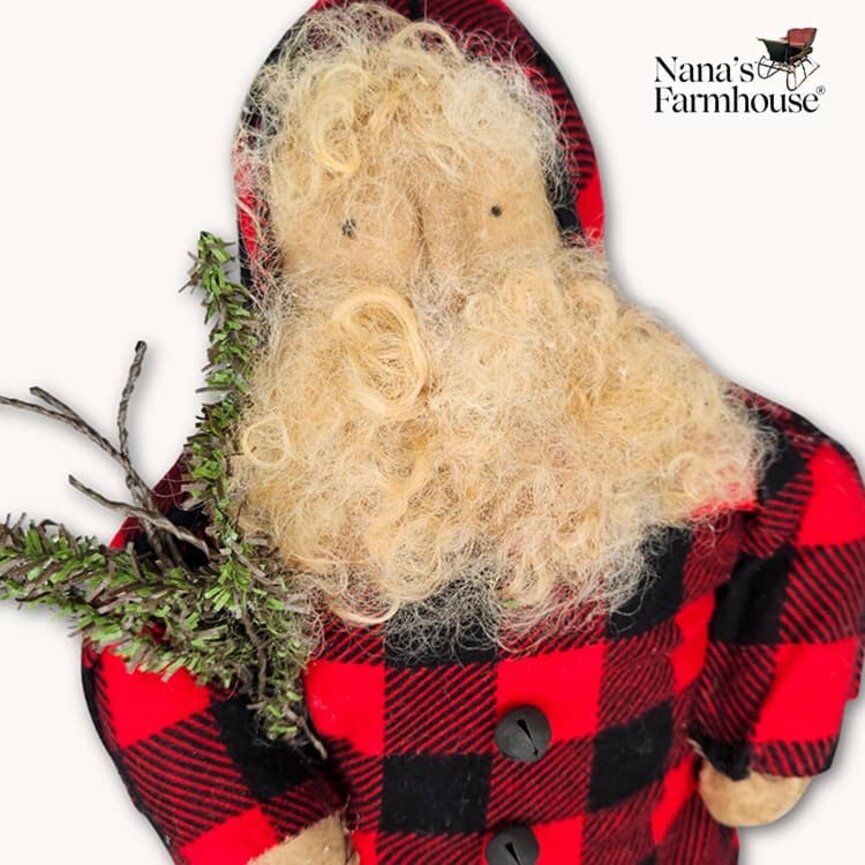 Santa Doll in Red & Black Buffalo Check Fabric & Hood W/Black Bells - 11"