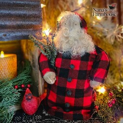 Santa Doll in Red & Black Buffalo Check Fabric & Hood W/Black Bells - 11"
