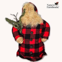 Santa Doll in Red & Black Buffalo Check Fabric & Hood W/Black Bells - 11"