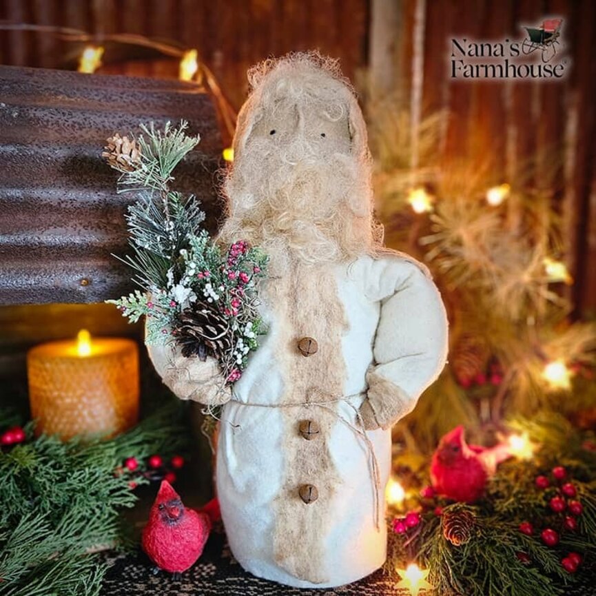 Santa Doll with Aged Flannel Cream Felt Coat - 12"