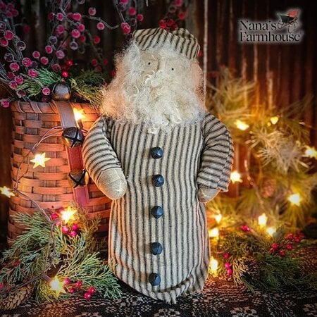Santa Doll in Black Ticking Coat