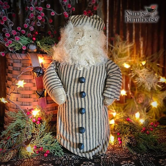 Santa Doll in Black Ticking Coat