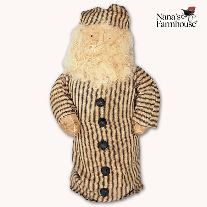 Santa Doll in Black Ticking Coat & Black Bells - 20"