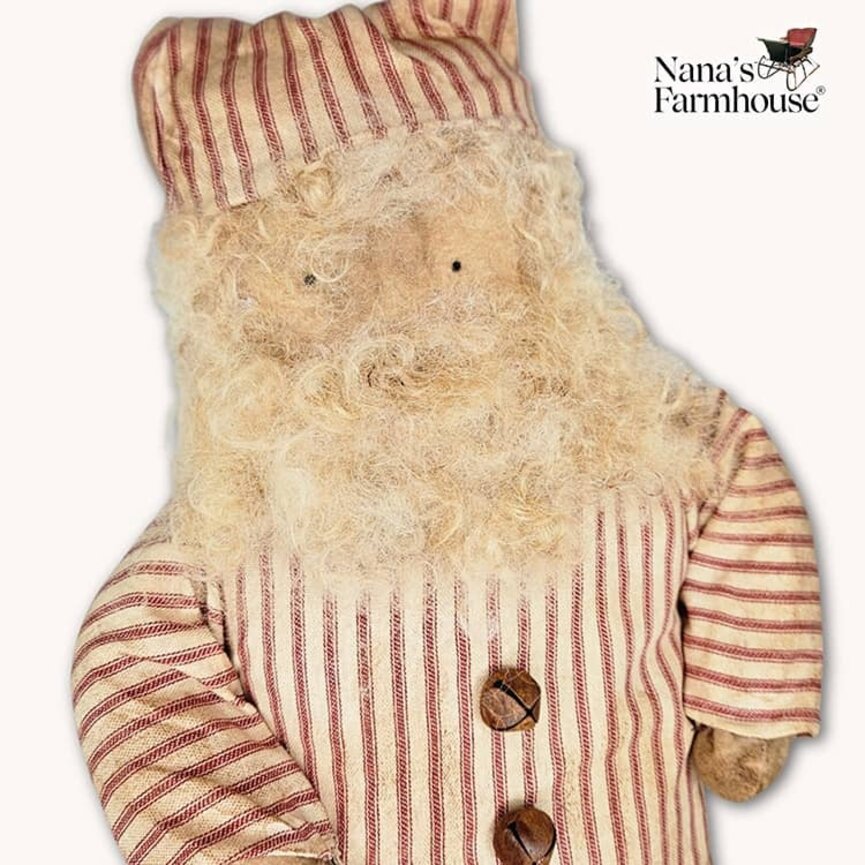 Santa Doll with Red Ticking Coat & Cap and Rusty Bells - 20"