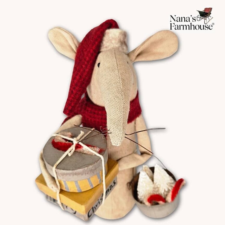 Christmas Mouse with Presents Tied In Twine Weighted Base - 8.5"