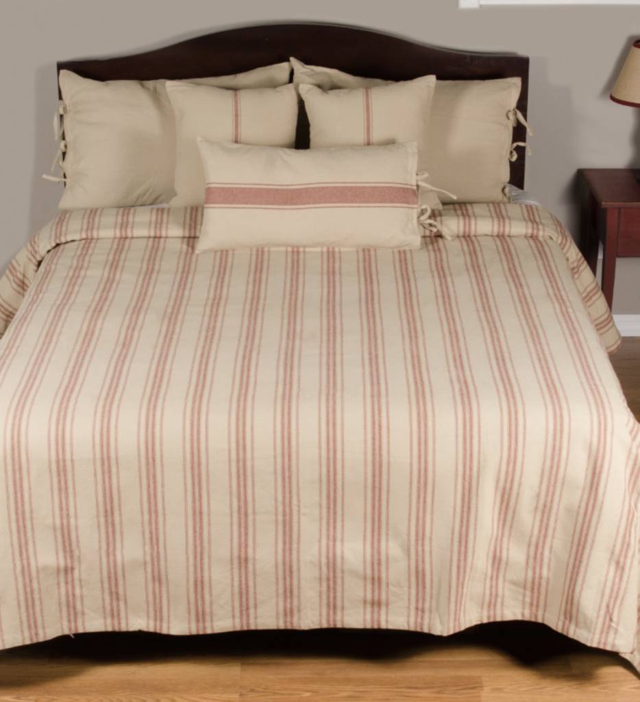 Grain Sack Stripe Queen Bed Cover Oatmeal Barn Red Home