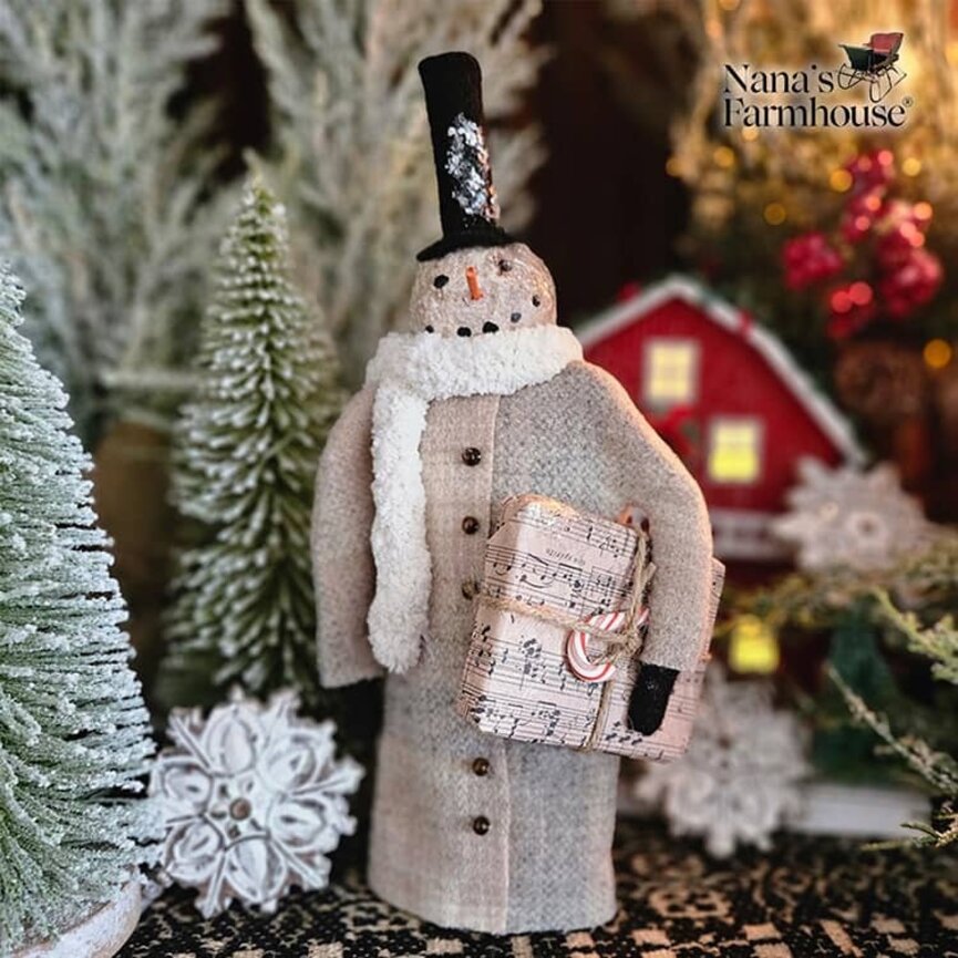 Snowman with Cream Wrapped Present & Candy Cane - 10.5"