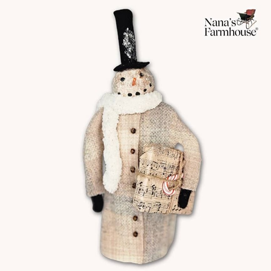 Snowman with Cream Wrapped Present & Candy Cane - 10.5"