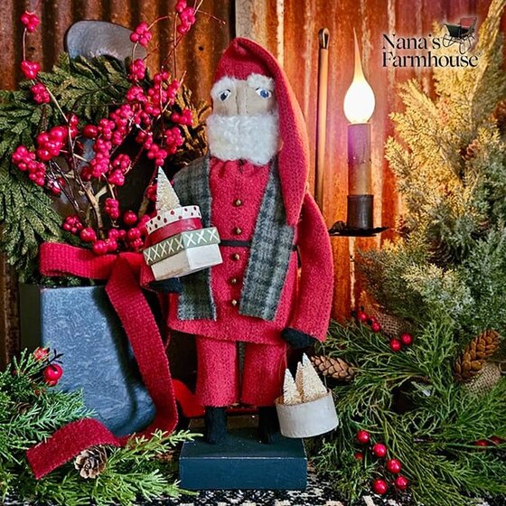 Santa Red Suit Doll with Presents & White Trees