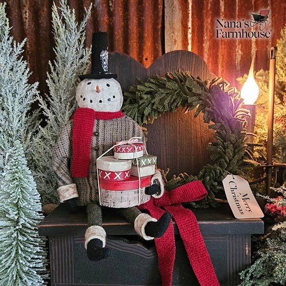 Shelf Sitter Snowman Doll in Tan Print Jacket