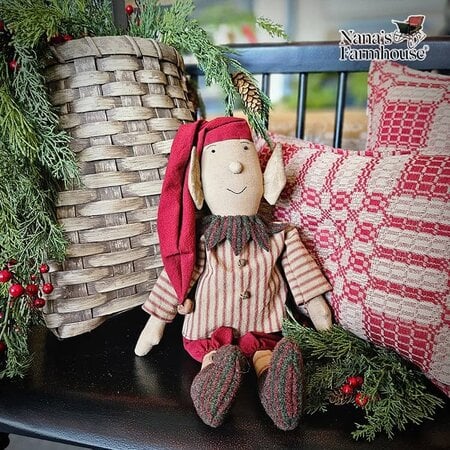 Elf Shelf Sitter Doll in Ticking Top & Red Pants