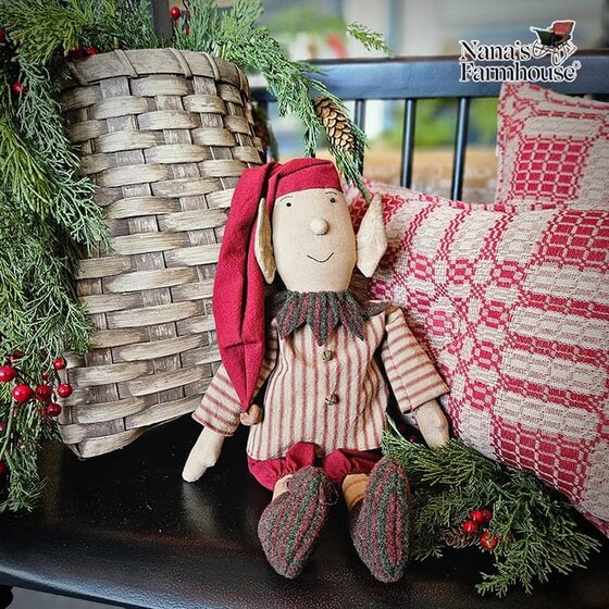 Elf Shelf Sitter Doll in Ticking Top & Red Pants