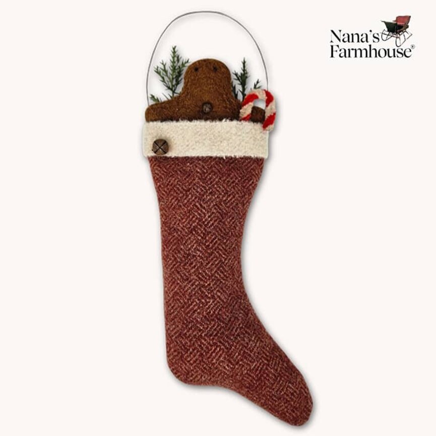 Gingerbread In Stocking with Candy Cane & Wire Hanger Ornament Red Herringbone - 10"