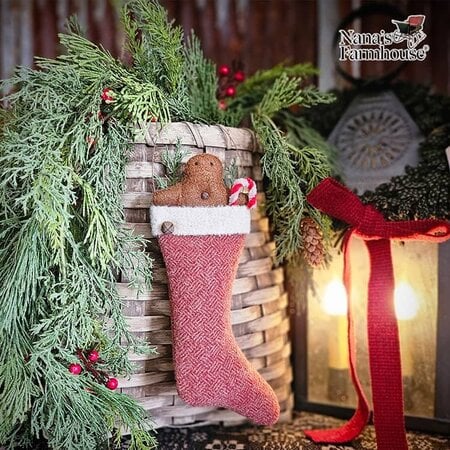 Gingerbread In Stocking Ornament Red Herringbone
